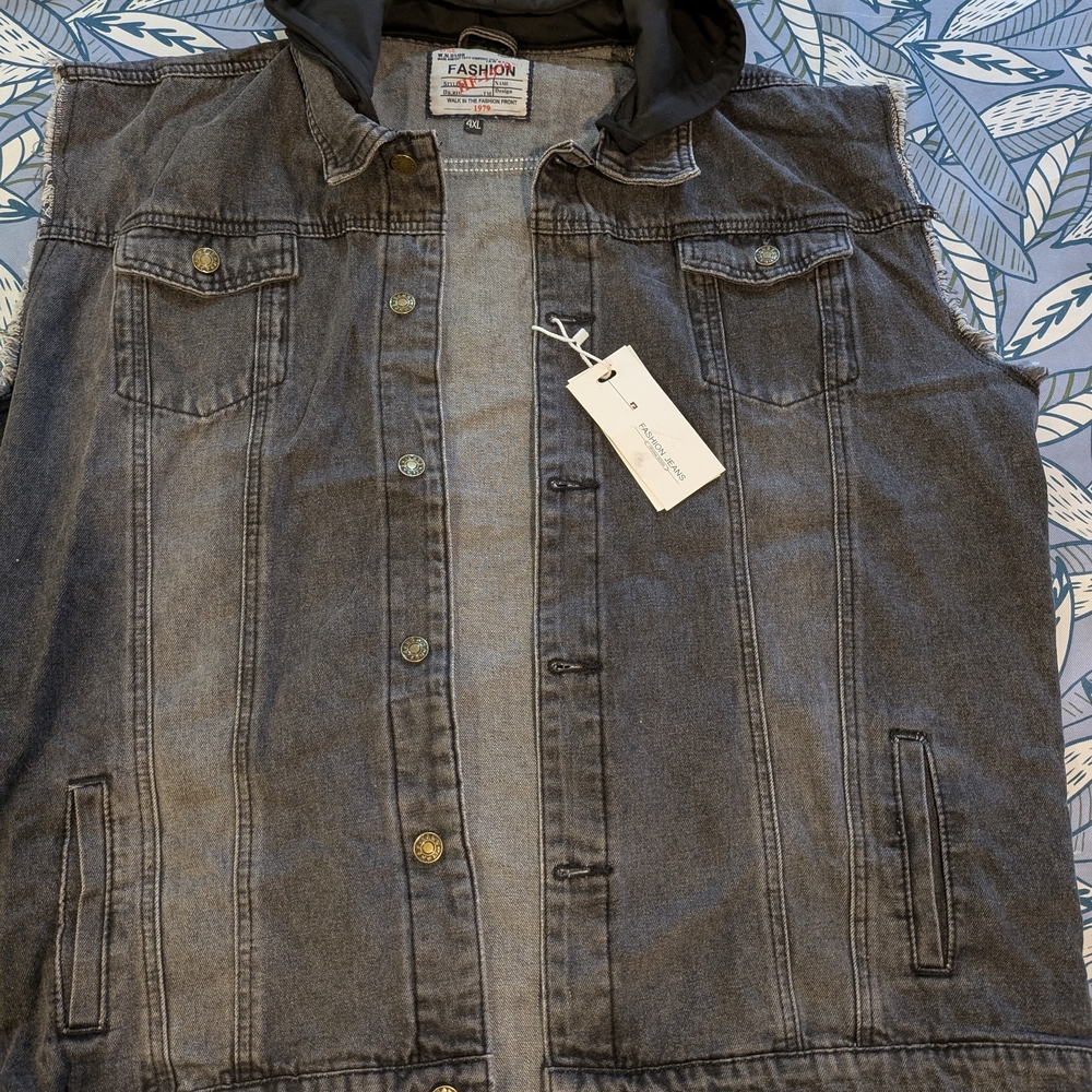 Black Hooded Denim Bomber Vest/Sleeveless Jacket